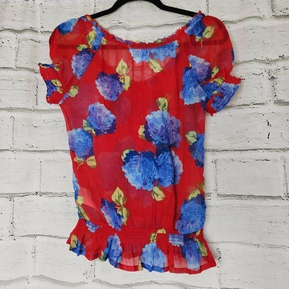 Abercrombie and Fitch Red Blue Floral Semi Sheer Peplum Top Womens Small Ruffle - Picture 5 of 11